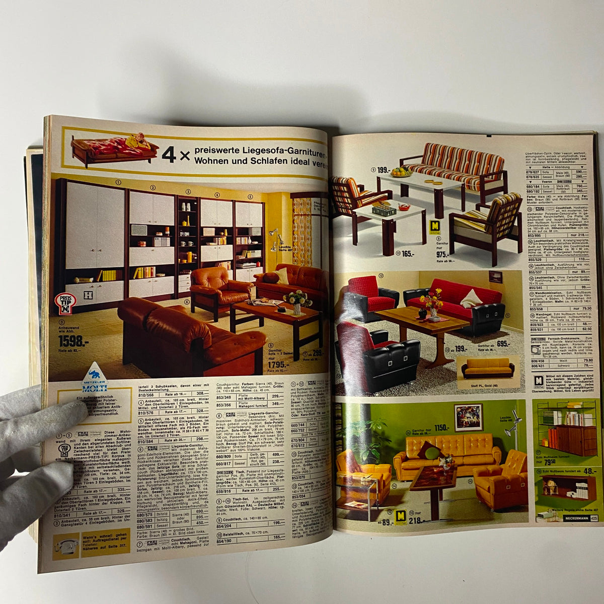 Inside page of the 1974 Neckermann Sommer Catalog featuring a variety of living room and furniture designs, showcasing mid-1970s German style with detailed product listings and prices.