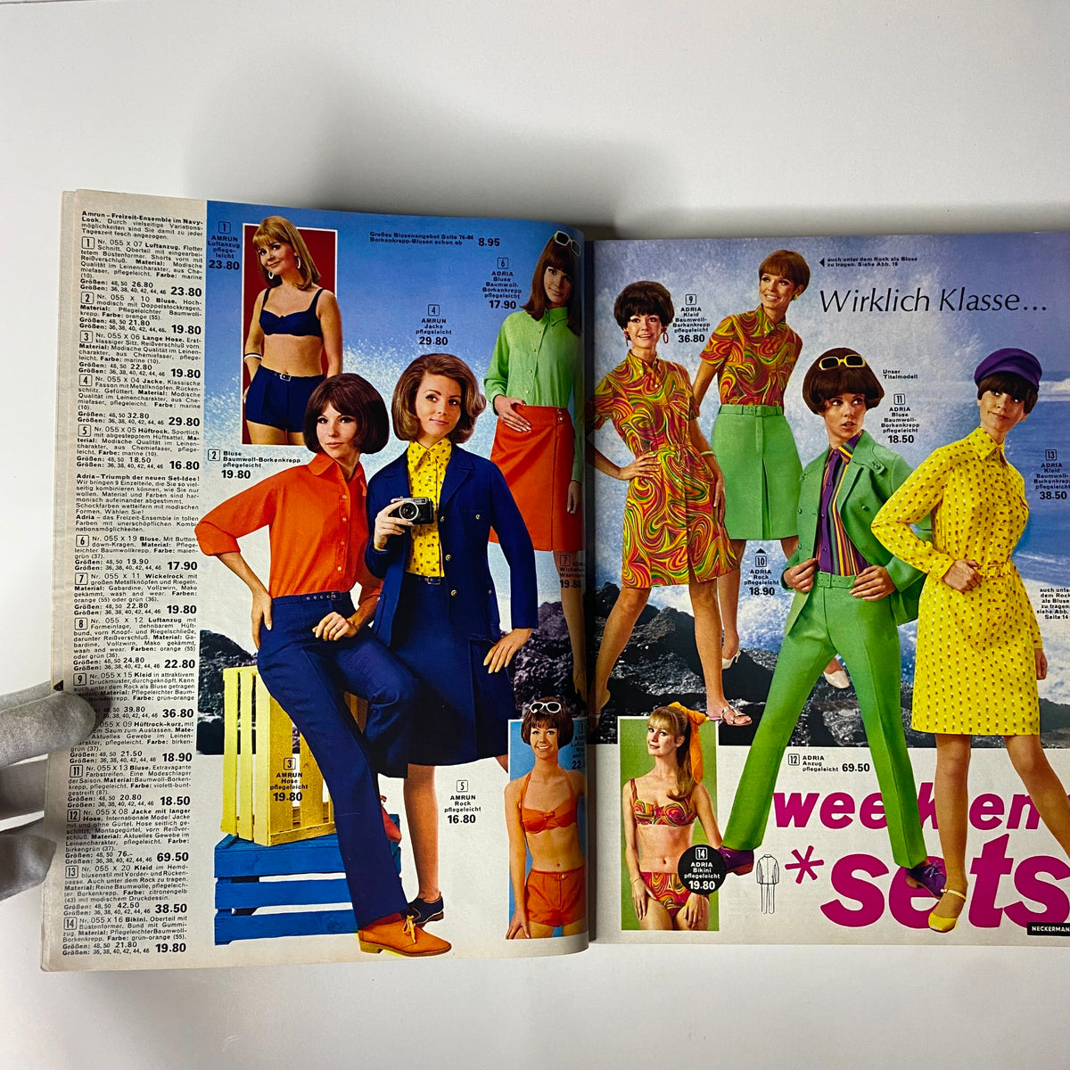 Pages from the 1967 Neckermann Sommer Catalog displaying a vibrant collection of summer outfits on models, capturing the essence of European summer fashion.