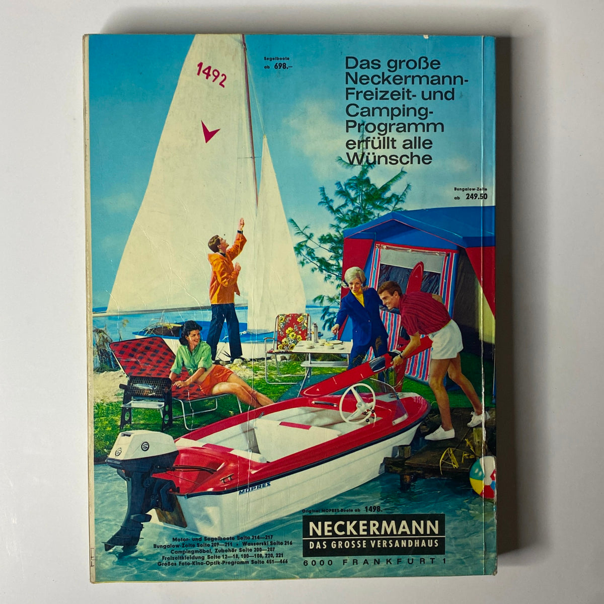 Cover of the 1967 Neckermann Sommer Catalog featuring a vibrant summer scene of people enjoying leisure activities by water, highlighting outdoor products like camping gear and a boat, embodying late-1960s German lifestyle.