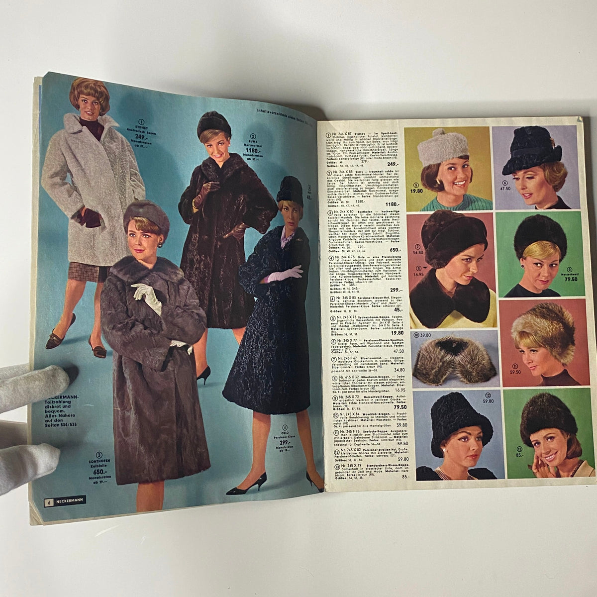 Interior pages of the 1965-1966 Neckermann Winter Catalog showcasing various vintage winter fashions and hats modeled by women, highlighting styles from mid-1960s.