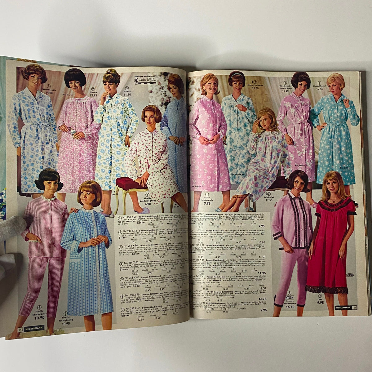 1965-1966 Neckermann Winter Catalog featuring beautiful sleepwear and loungewear for women, presenting a variety of pastel colors and floral designs from the 1960s.