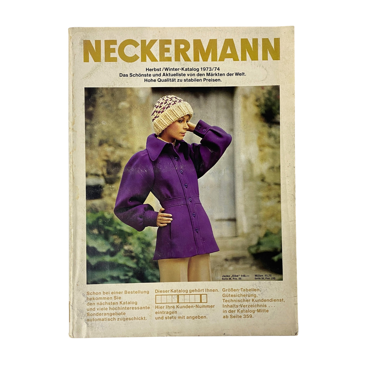 Cover of the 1973-1974 Neckermann Winter Catalog showcasing a model in a purple coat and knitted hat, highlighting winter fashion trends from early-1970s Germany.