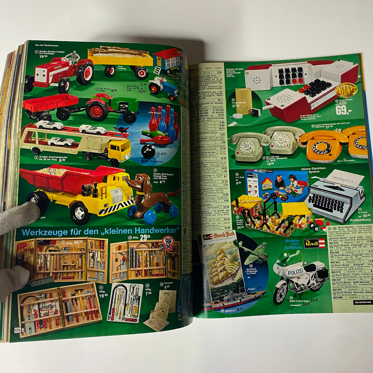 1973-1974 Neckermann Winter Catalog highlighting playful tools and construction toys for children, exemplifying the popular toys of the early 1970s.