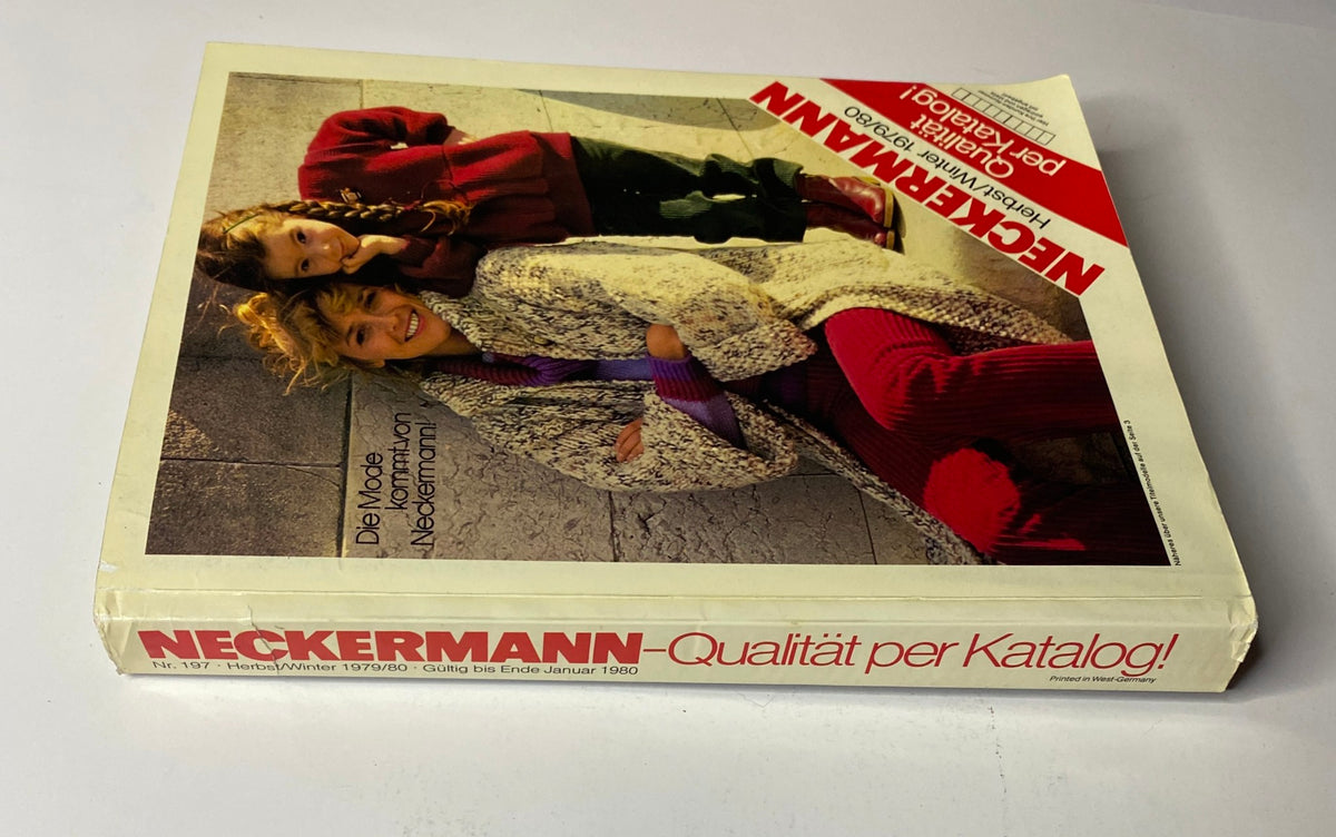 Side view of the 1979-1980 Neckermann Winter Catalog showcasing a model and child in stylish winter attire.