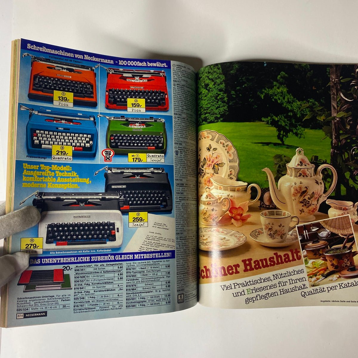 1979-1980 Neckermann Winter Catalog illustrating a variety of household goods such as typewriters and decorative tableware, capturing the essence of late-1970s home aesthetics.