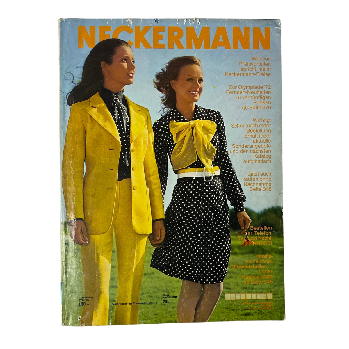 Front cover of the 1972 Neckermann Sommer Catalog featuring a man in a bright yellow suit and a woman in a polka dot dress with a large bow, highlighting vintage early-1970s fashion.