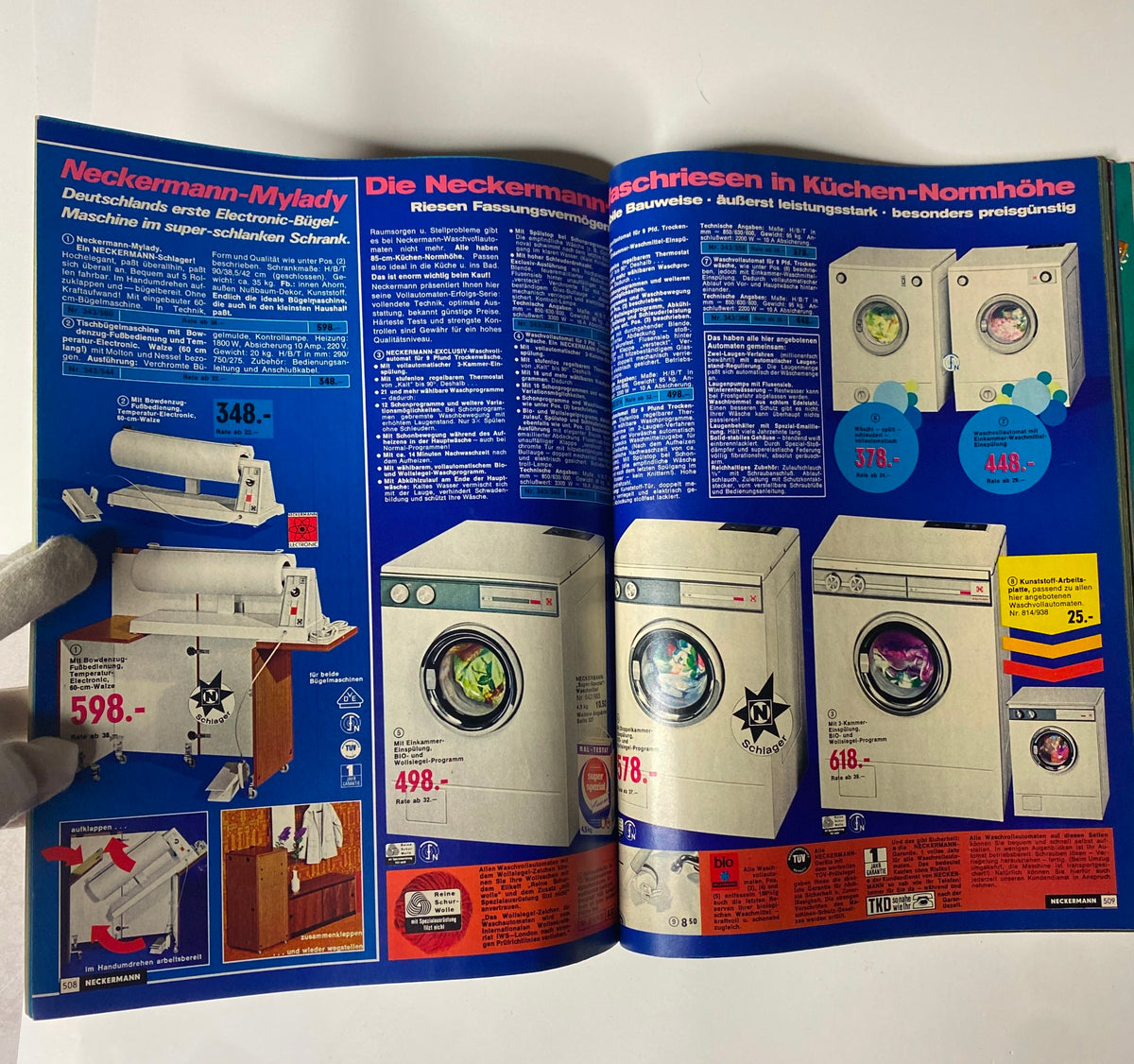 1972 Neckermann Sommer Catalog displaying household appliances, including washing machines with detailed descriptions and prices, perfect for home goods collectors.