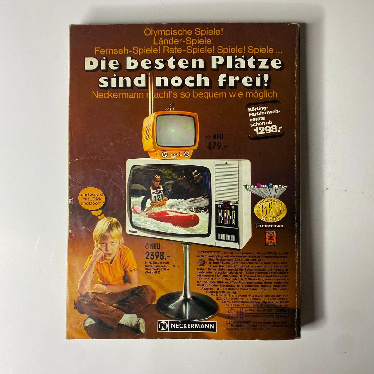 Back cover of the 1972 Neckermann Sommer Catalog featuring various television models, advertisements for games and toys, and a young boy sitting on the floor. This image showcases the retro design and lifestyle offerings from the early 1970s.