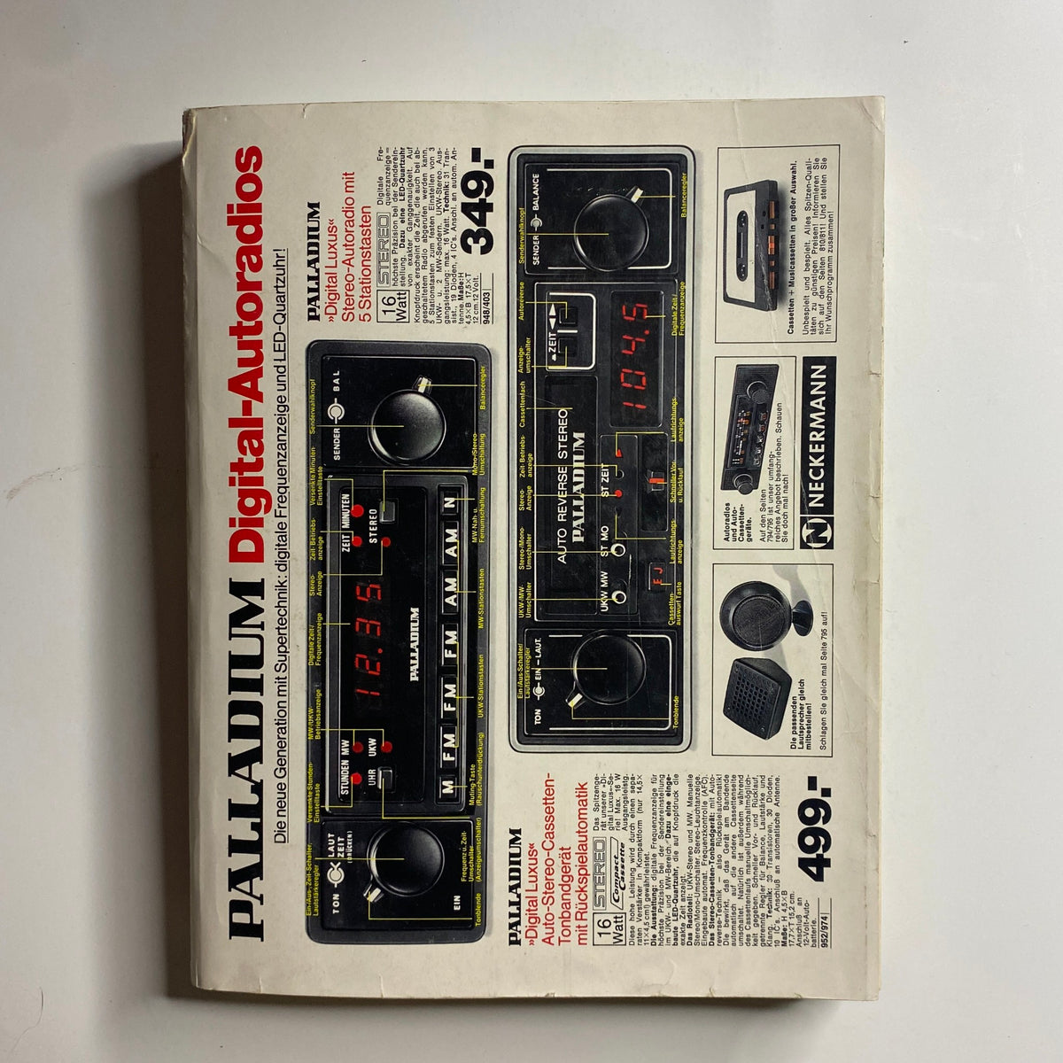1978 August Neckermann Sommer Catalog cover displaying a PALLADIUM digital car radio advertisement, highlighting features like LED display and settings, in a retro design context.