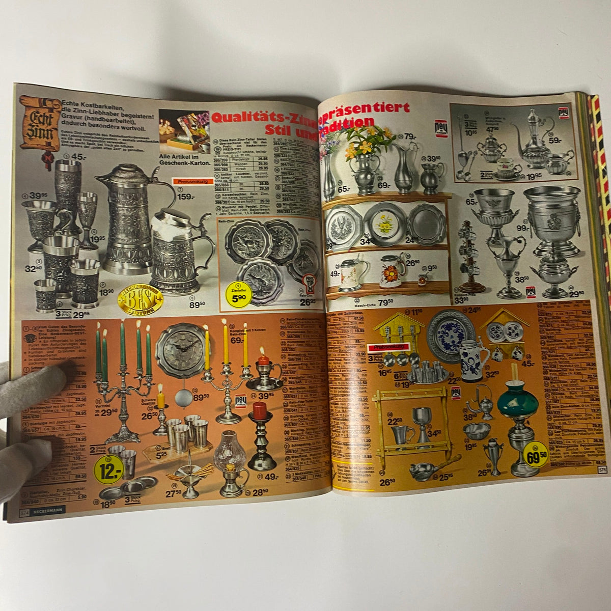 1975-1976 Neckermann Winter Catalog displaying an array of quality pewter and decorative metalware items, highlighting trends in home decor from the 1970s.