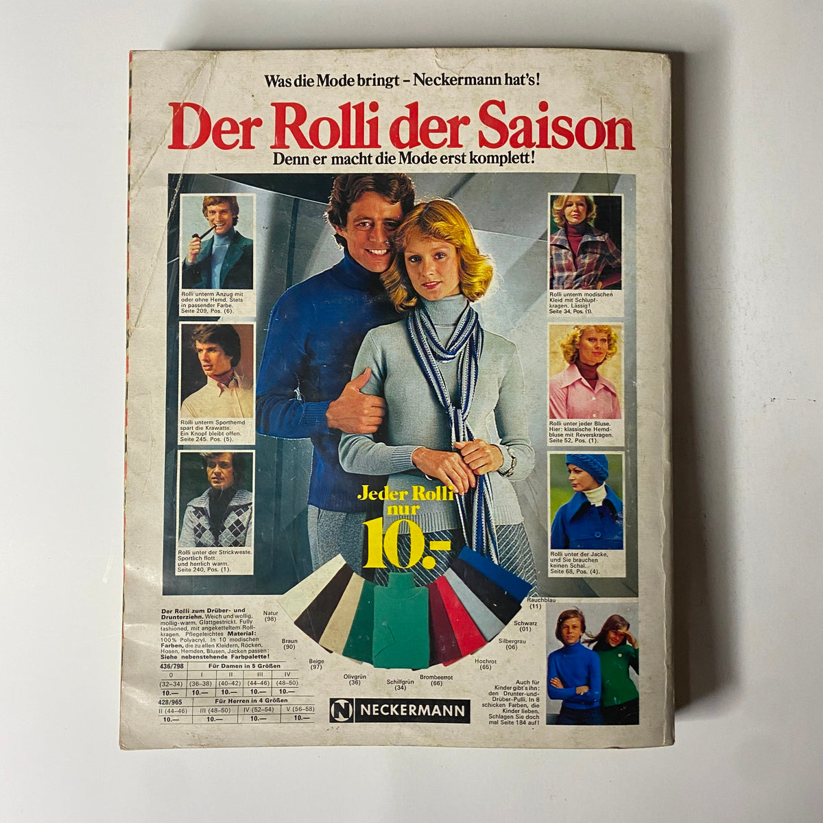 1975-1976 Neckermann Winter Catalog cover showcasing fashionable sweaters and accessories worn by models, illustrating the clothing styles available during the season.