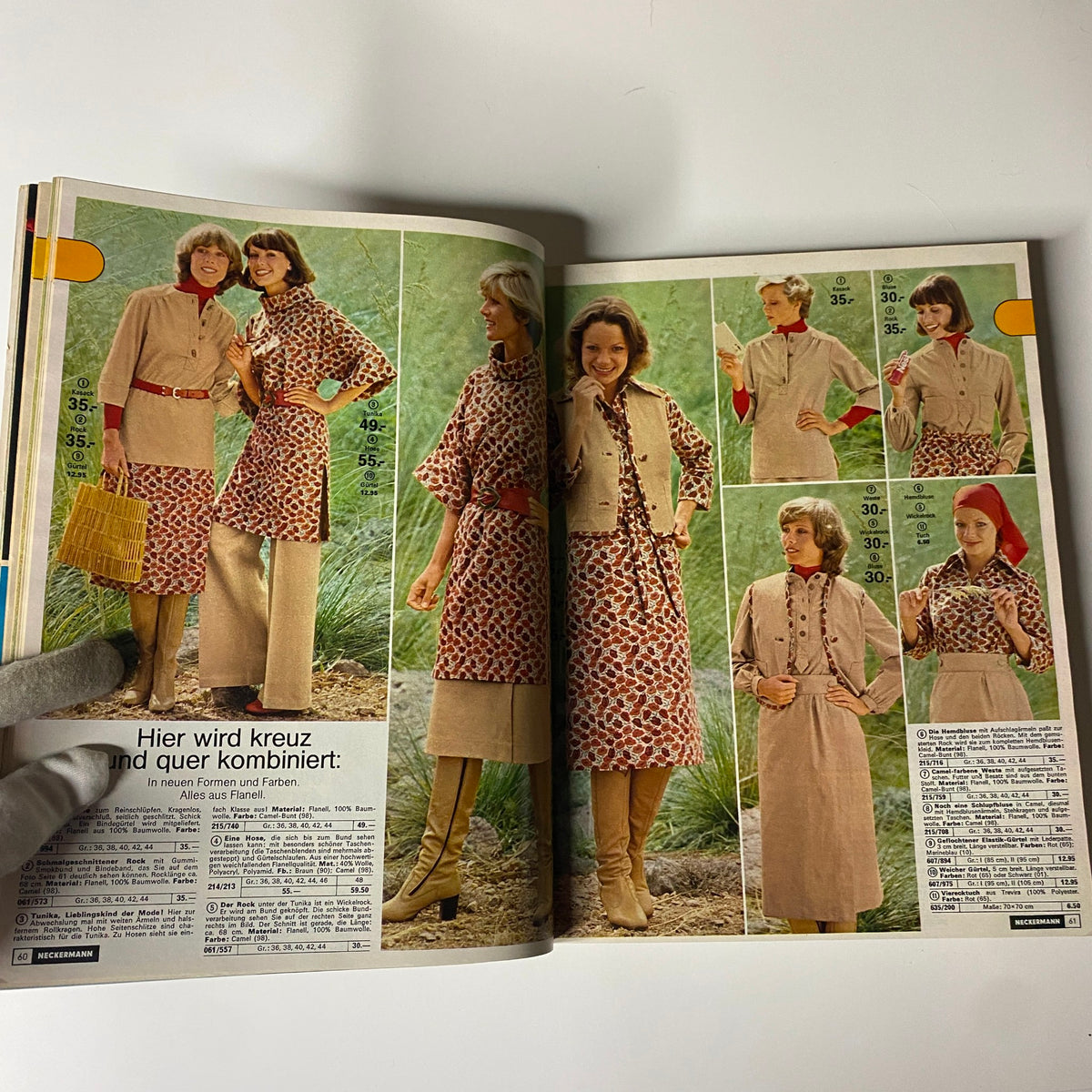1976-1977 February Neckermann Winter Catalog featuring women modeling vintage winter fashion in a natural setting, showcasing floral patterns and retro styles, ideal for collectors.