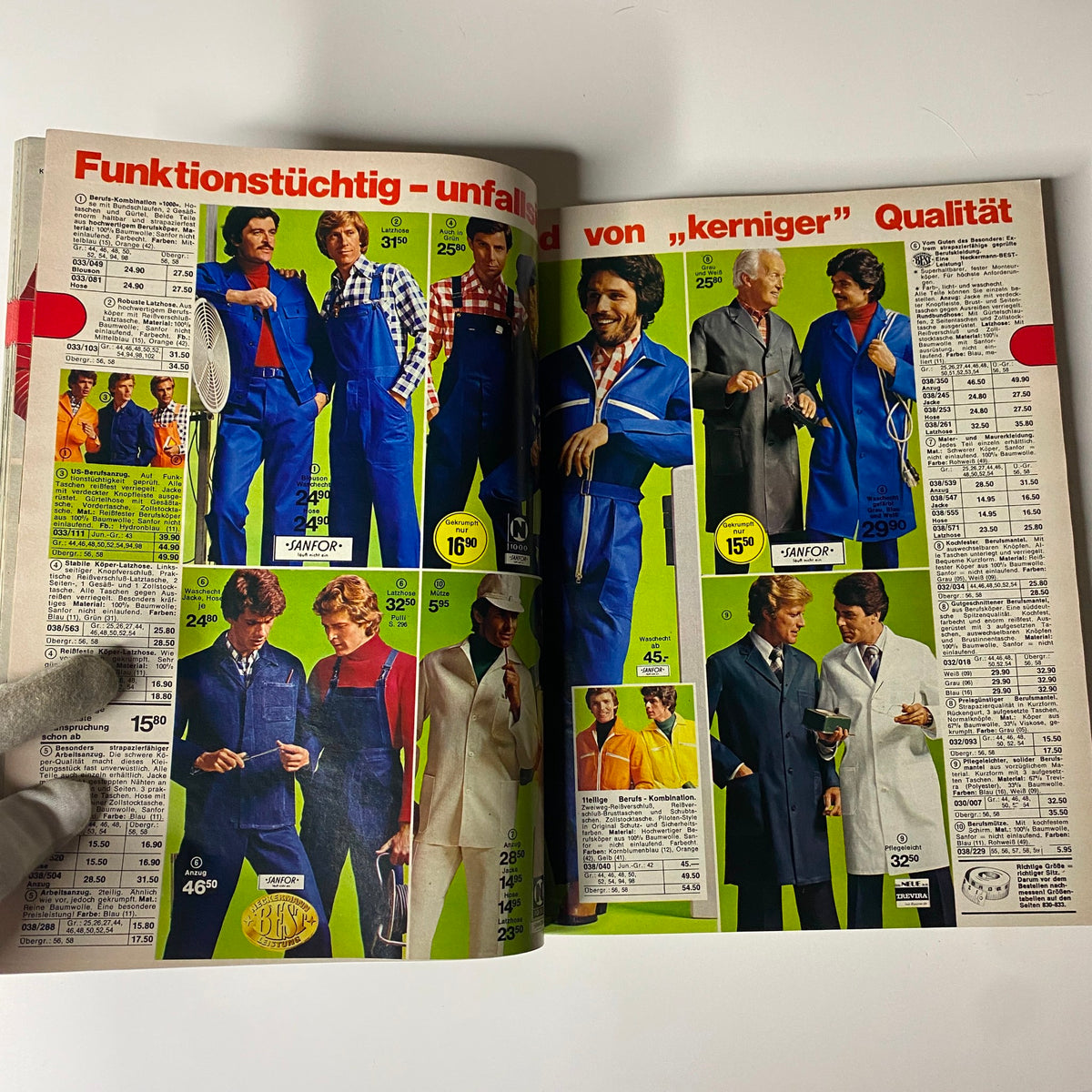 1976-1977 February Neckermann Winter Catalog presenting men in workwear and casual styles, featuring classic jumpsuits and vibrant colors from the mid-century era.