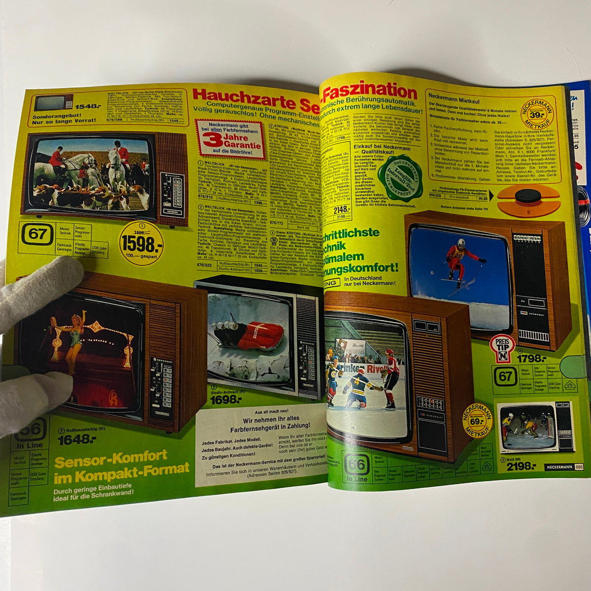 A colorful page from the 1976-1977 February Neckermann Winter Catalog displaying television sets with detailed specifications, reflecting popular consumer technology of the era.