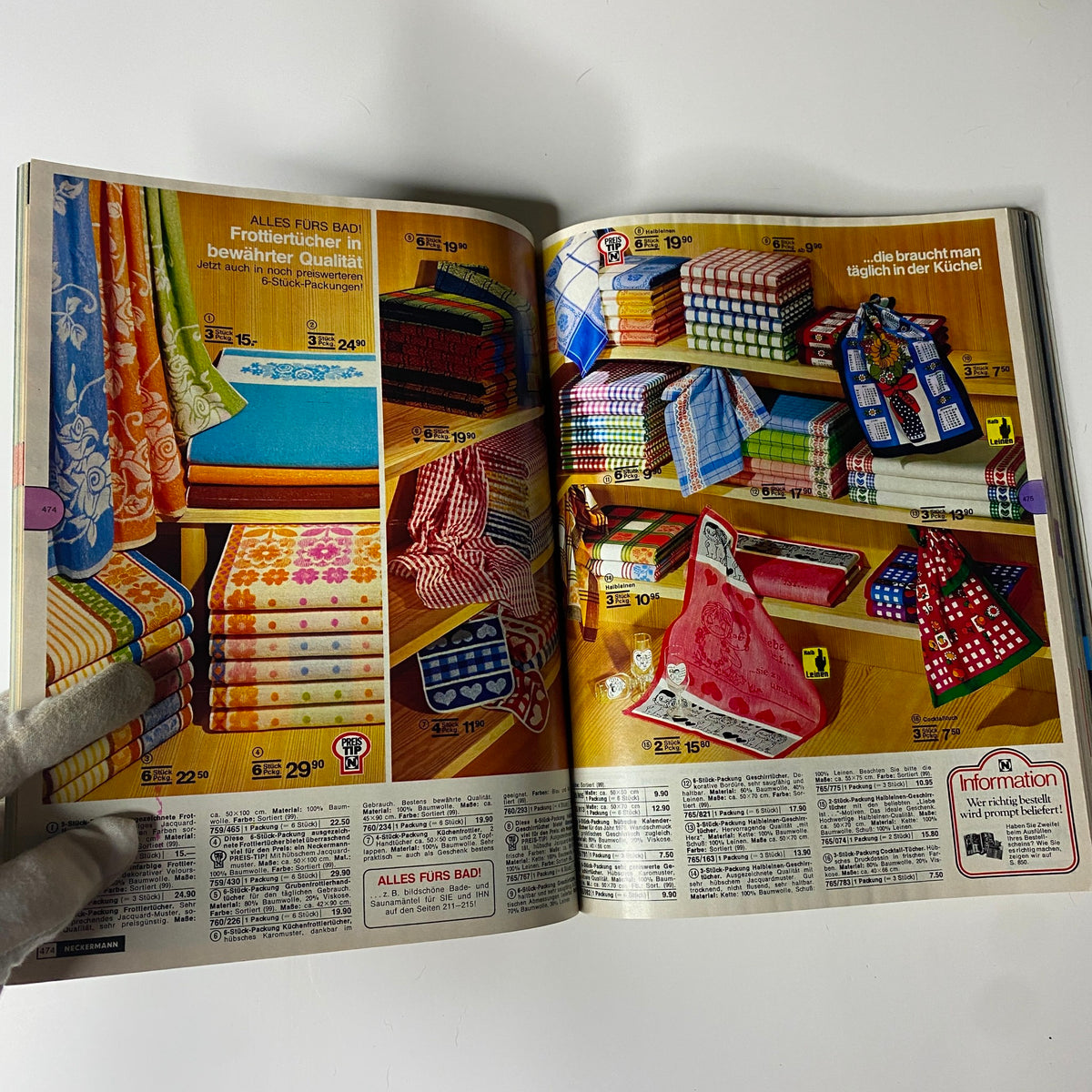 1978-1979 Neckermann Winter Catalog showing a vibrant selection of kitchen towels and bath linens, featuring colorful designs and pricing details.