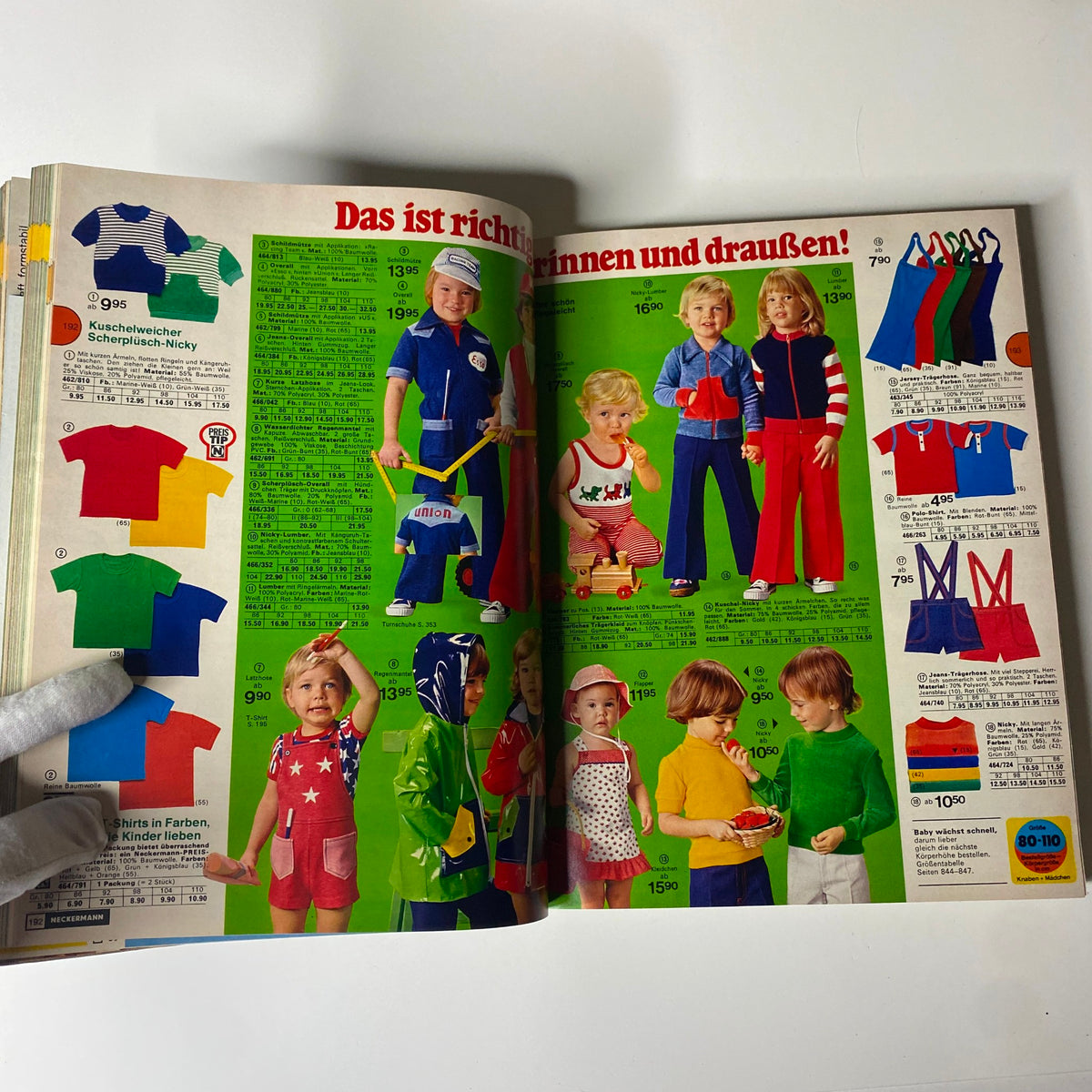 1977 Neckermann Sommer Catalog illustrating colorful children's clothing, including playwear and casual outfits, representing family fashion trends of the late 1970s.