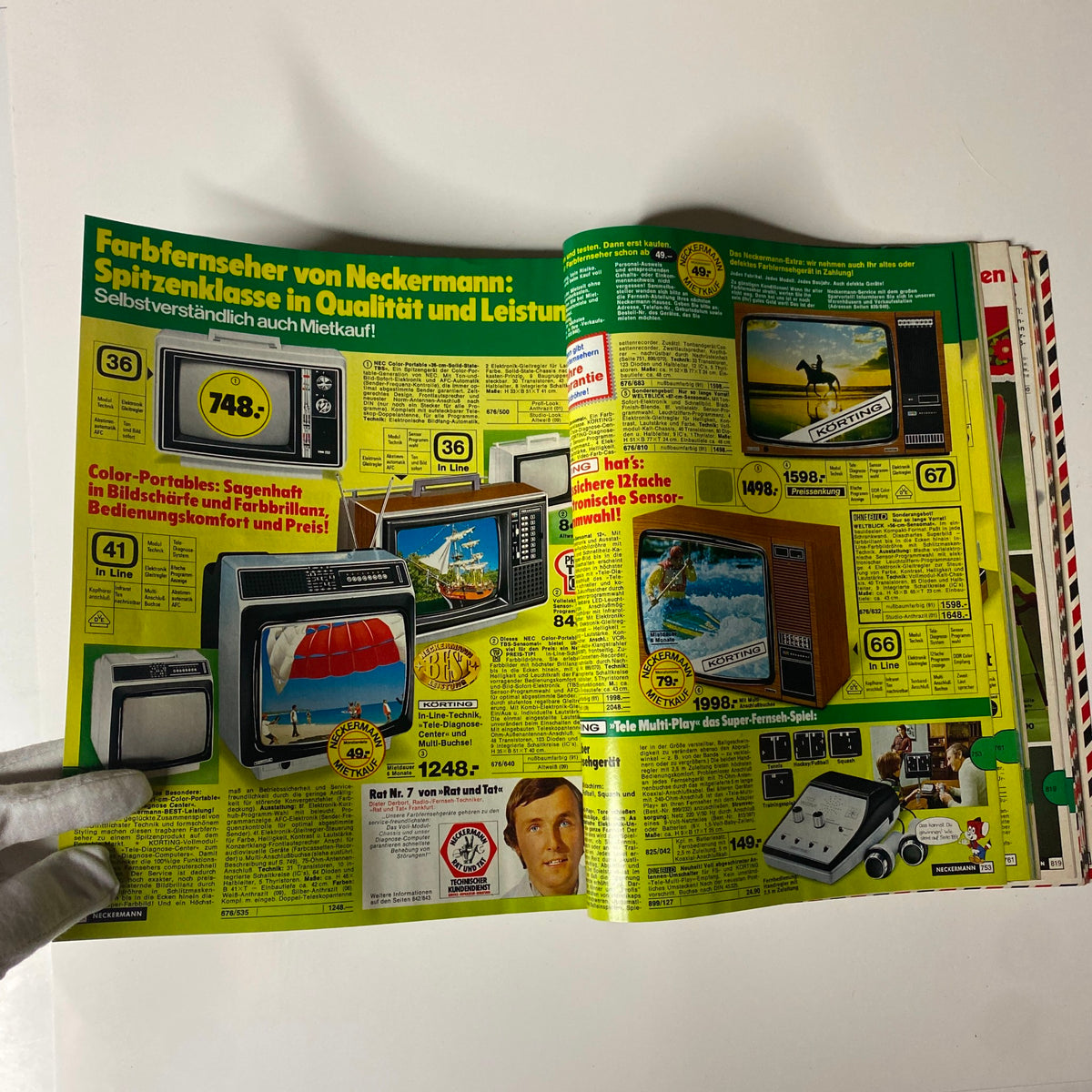 1977 Neckermann Sommer Catalog page featuring color televisions and portable models from Neckermann, highlighting quality and performance during the late 1970s.