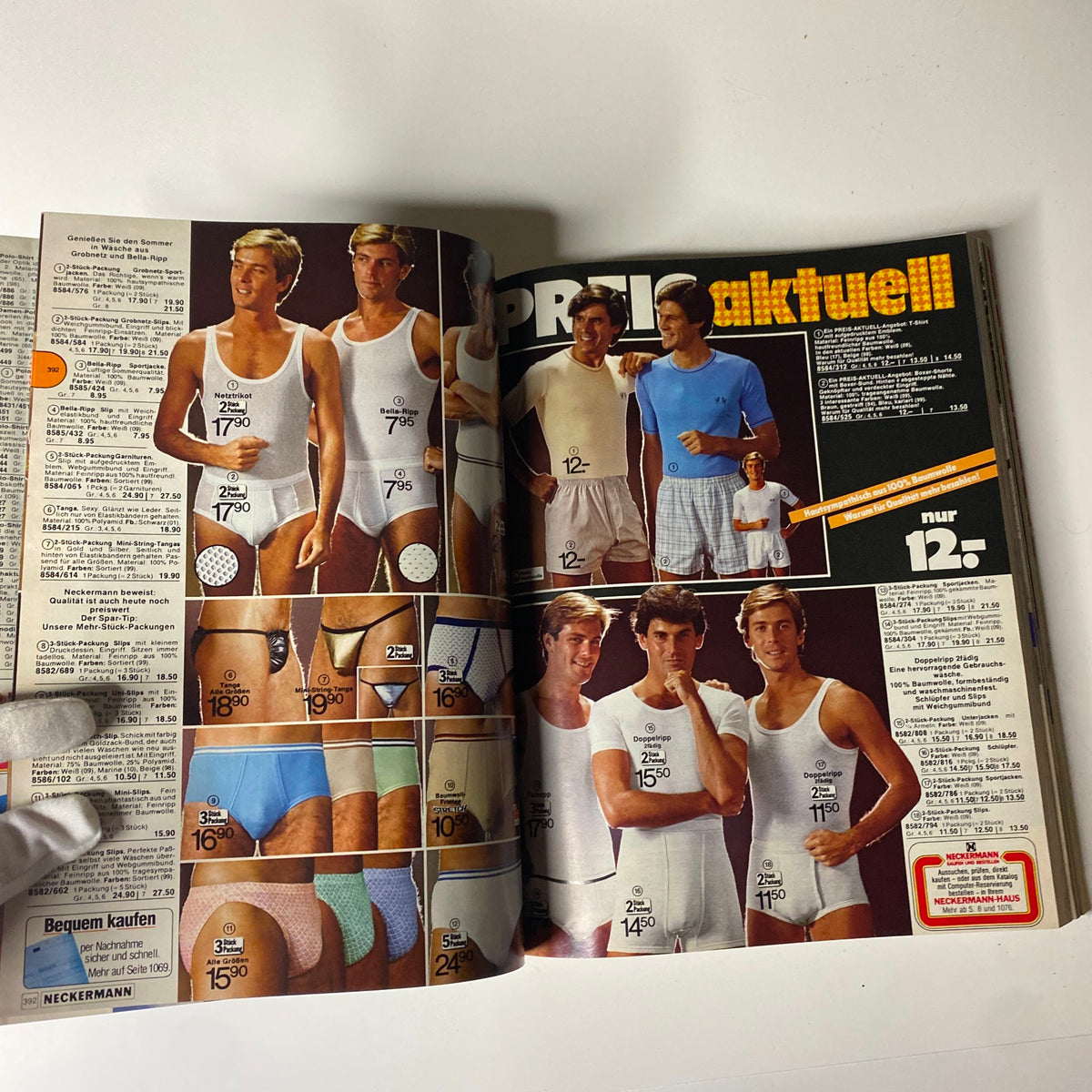 1982 Neckermann Summer Catalog displaying men's underwear and loungewear options, featuring models posing in various styles.