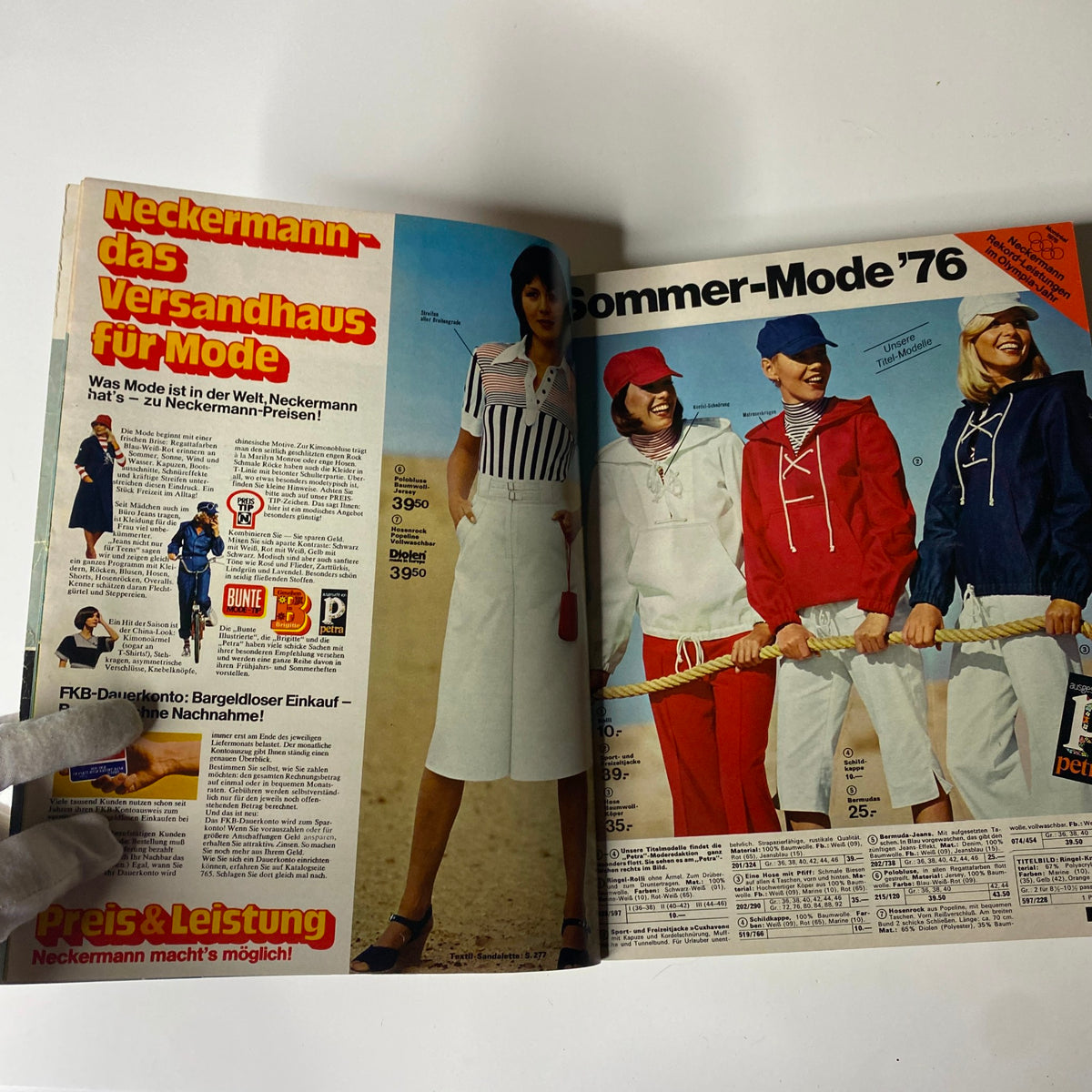An open page in the 1976 Neckermann Summer Catalog featuring summer fashion, with models showcasing nautical-inspired outfits from the 1970s.