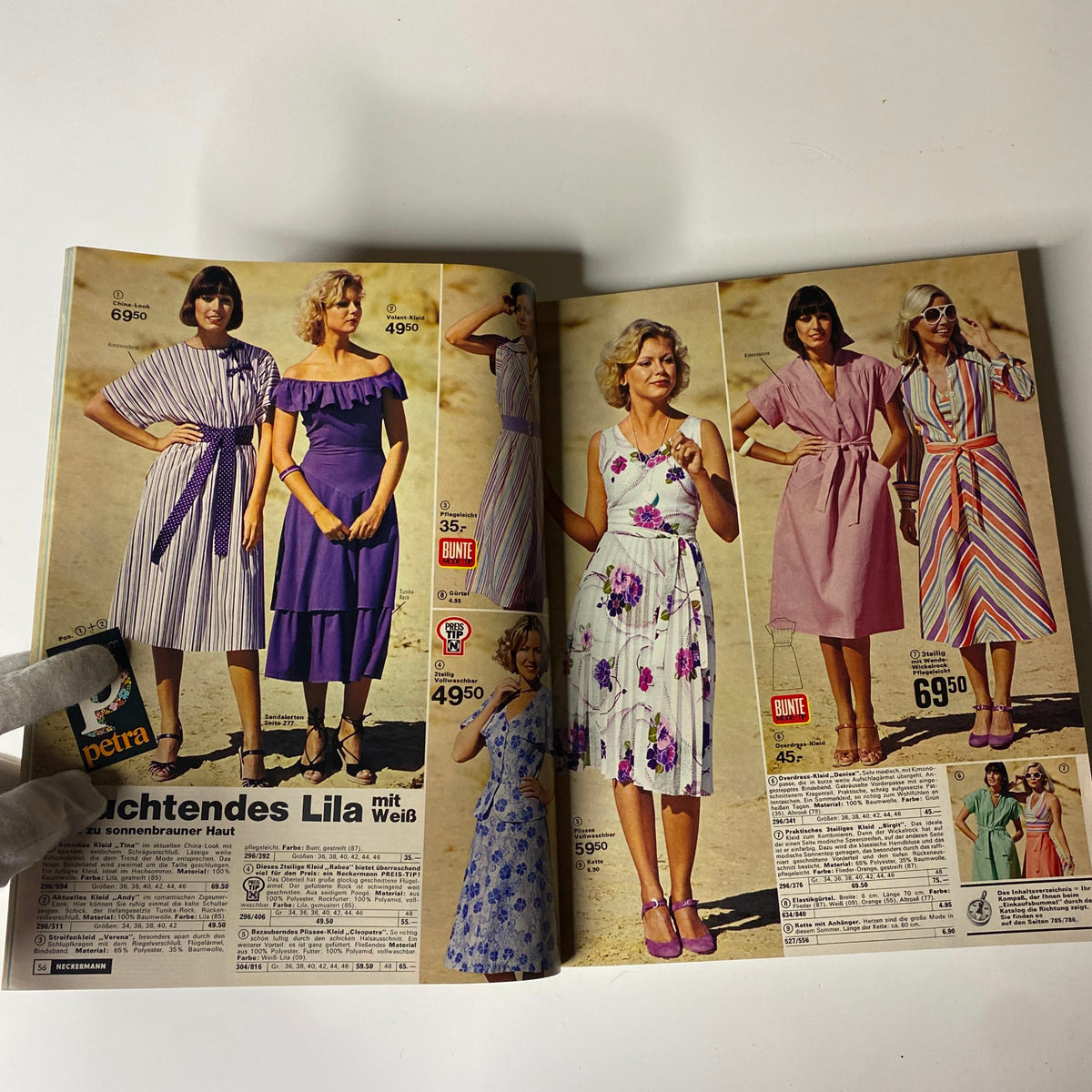 An open page in the 1976 Neckermann Summer Catalog featuring colorful dresses and summer wear, highlighting 1970s fashion trends for women.