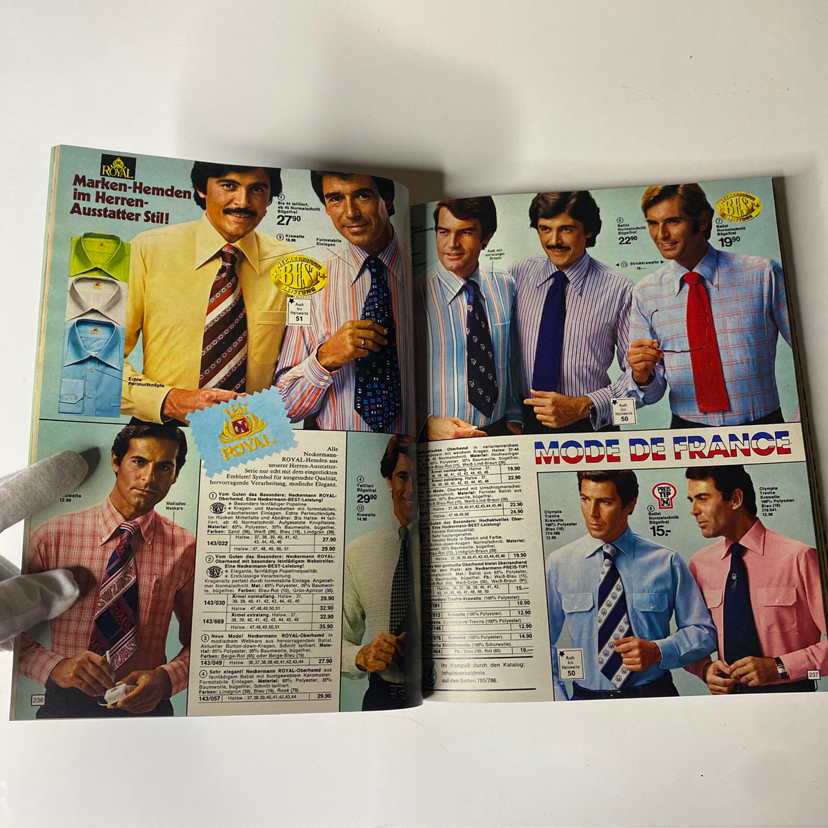 Page displaying men's shirts from the 1976 Neckermann Summer Catalog, highlighting various styles and patterns, including striped and solid colored dress shirts.