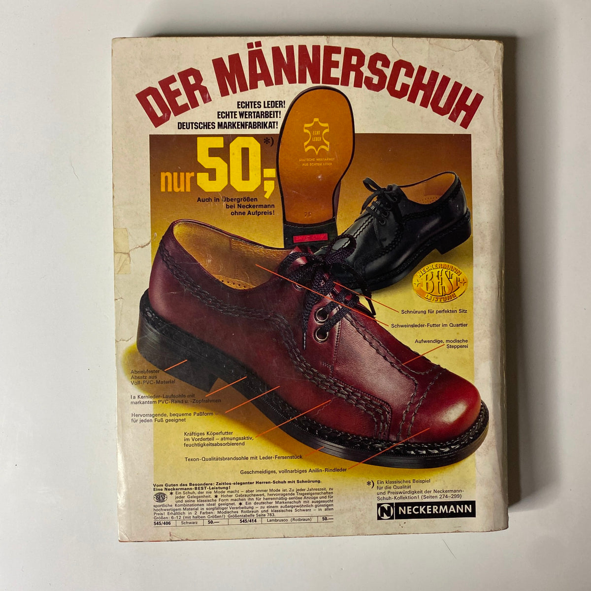 1976 Neckermann Summer Catalog featuring an advertisement for men's shoes made from genuine leather, highlighting comfort and quality in mid-1970s German fashion.