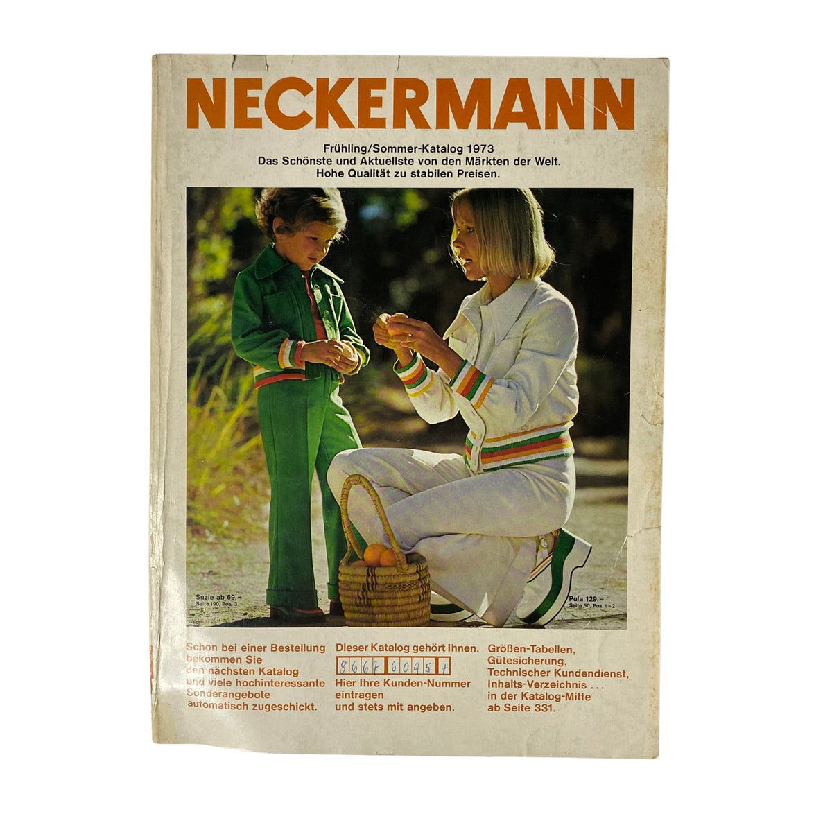 1973 Neckermann Summer Catalog cover featuring a woman with short hair and a child in green attire. The catalog highlights summer fashion and trends from early 1970s Germany.