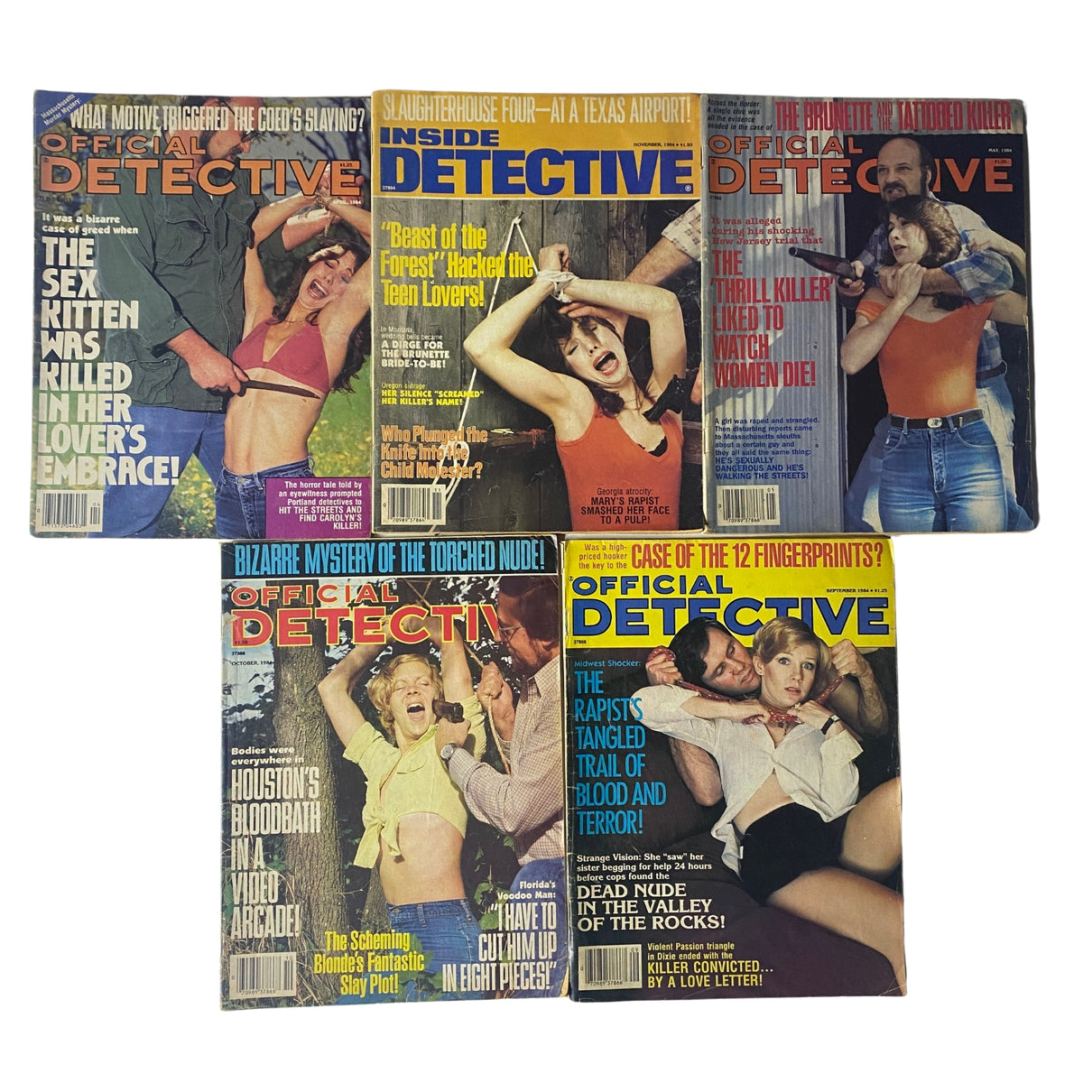 Lot of 5 1980s Official Detective and Inside Detective Magazine featuring sensational true crime stories from the era, including covers with dramatic headlines and artwork.