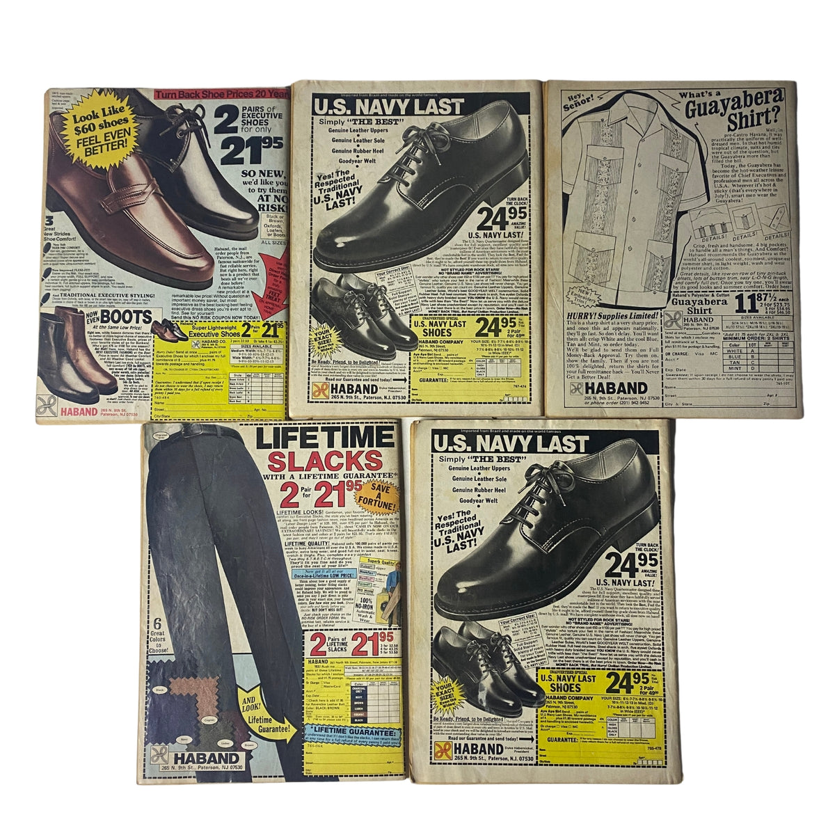 Lot of 5 vintage ads featuring U.S. Navy Last shoes and other clothing items from the 1980s, showcasing retro fashion and advertising styles.