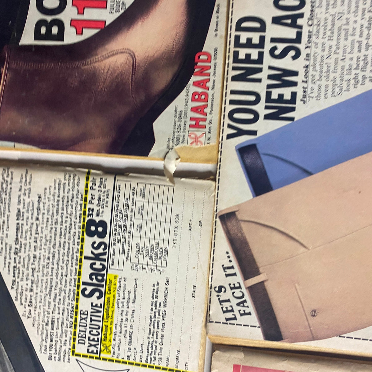 Lot of 5 1980s Official Detective and True Detective Magazine highlighting advertisement styles of the era, including shoes and slacks, reflecting vintage marketing aesthetics.