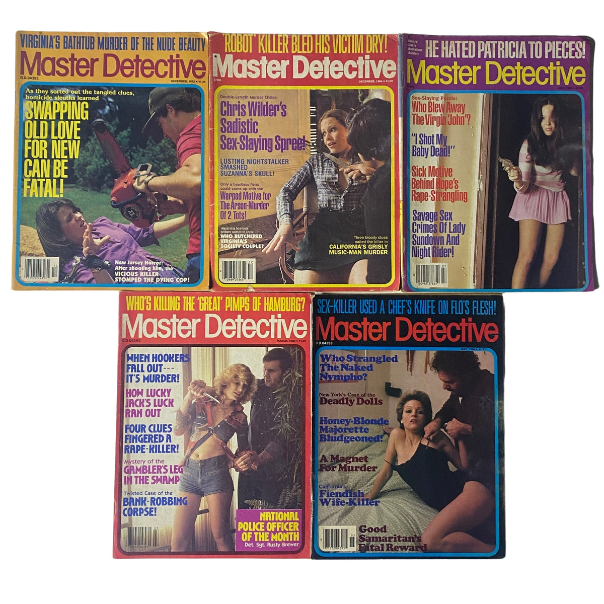 Lot of 5 1980s Master Detective Magazine featuring captivating true crime stories, including key topics such as murder mysteries and sensationalized crime narratives with eye-catching covers.