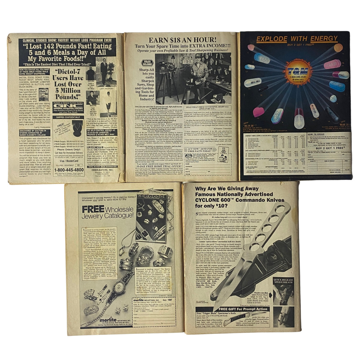 Back covers of 1990s True Police Cases magazines showcasing advertisements for various products, emphasizing the vintage appeal of the magazine collection.