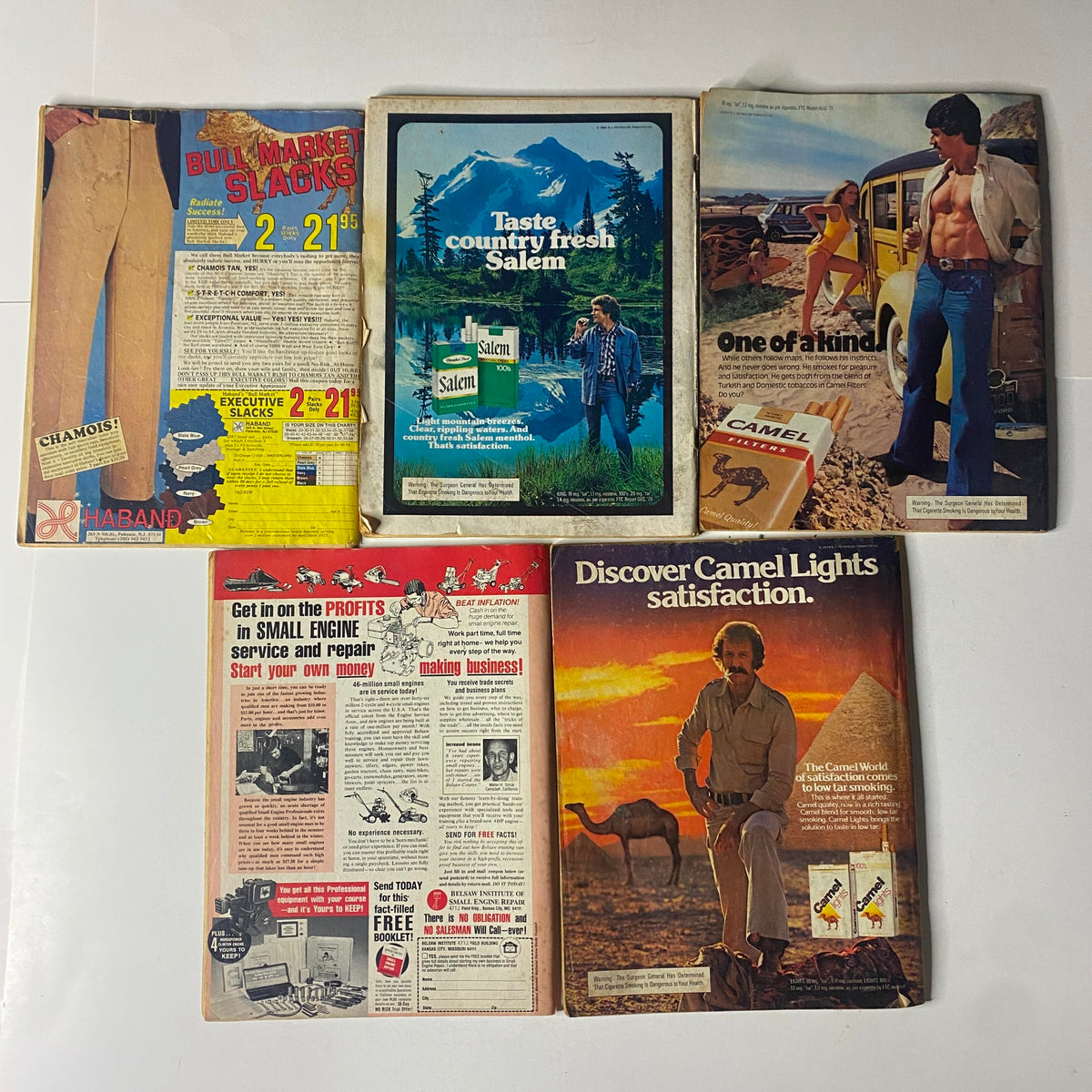 Collection of advertisements from vintage magazines, featuring various products from the 1980s including Bull Market Slacks and Salem cigarettes, reflecting pop culture trends.