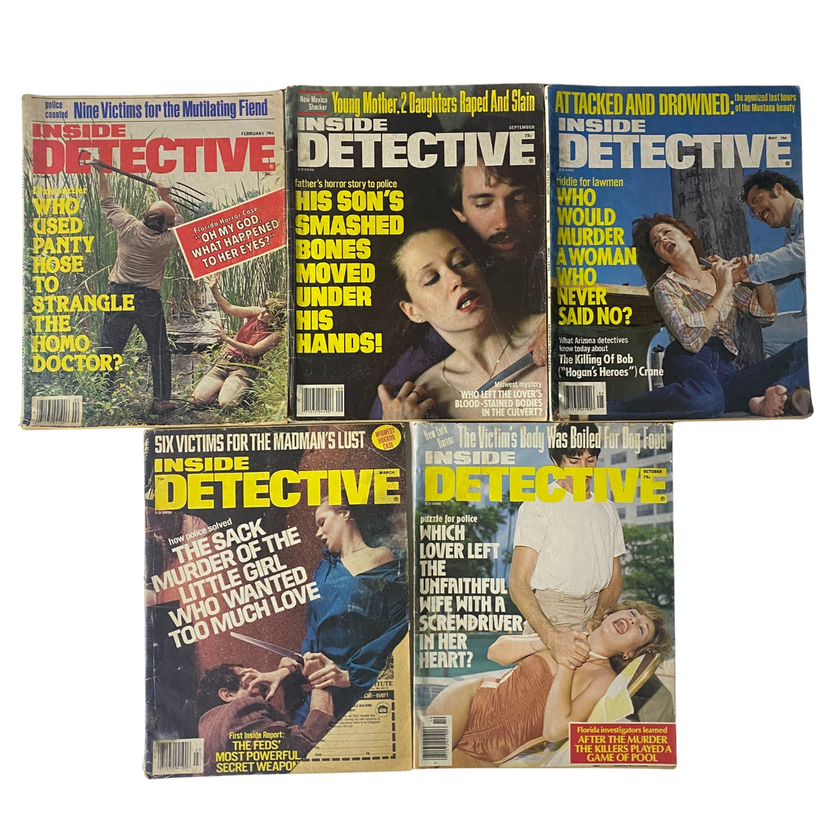 Lot of 5 1980s Inside Detective Magazines showcasing vintage true crime stories, featuring dramatic headlines and haunting narratives from the early 1980s.