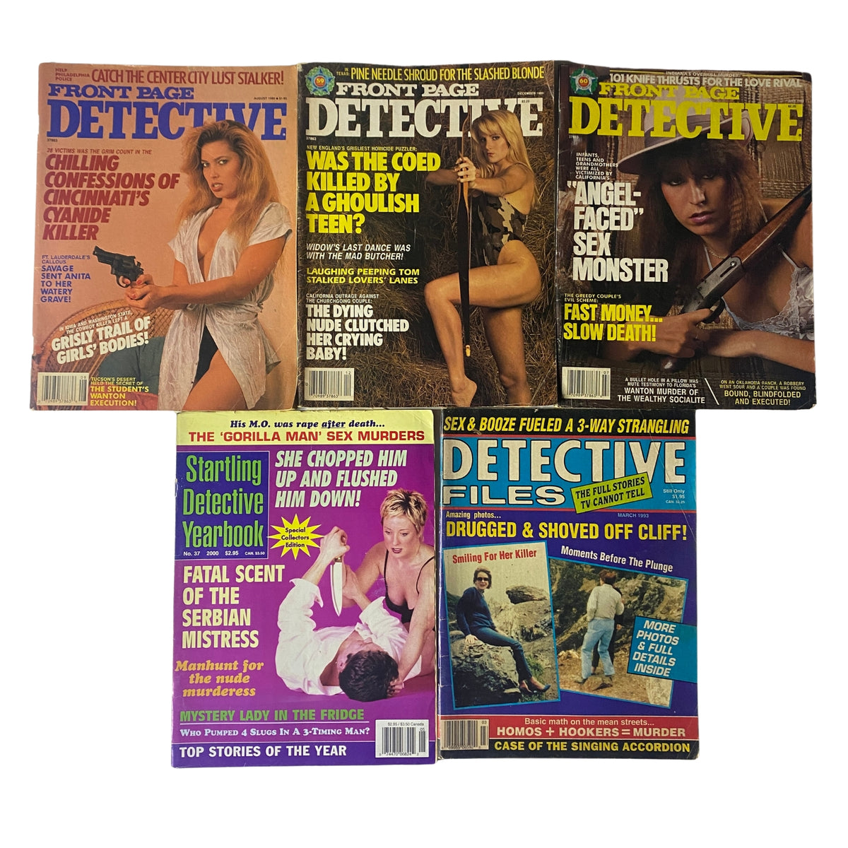 Lot of 5 1980s Front Page Detective and Startling Detective Yearbook Magazine, showcasing covers that highlight thrilling true crime stories from the late 1980s. Features issues with sensational headlines and captivating visuals.