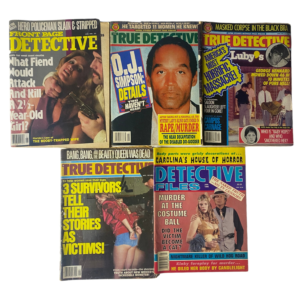 Lot of 5 1980s-1990s Front Page Detective and True Detective Magazine OJ Simpson featuring gripping headlines and iconic imagery from true crime stories of the era.