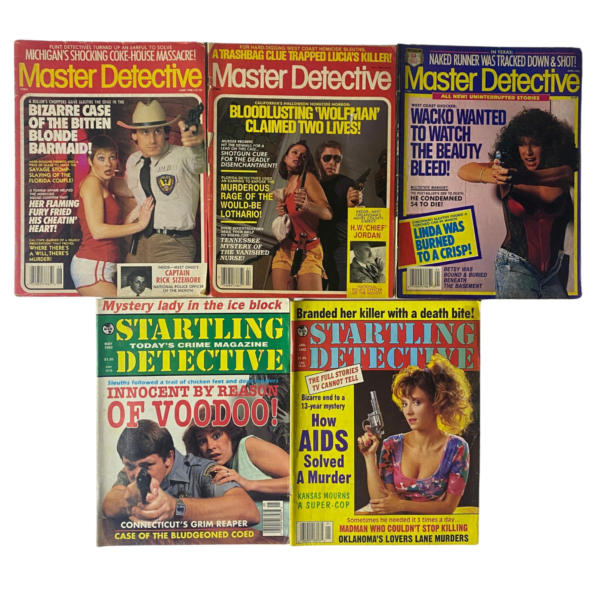 Lot of 5 1980s–1990s Master Detective and Startling Detective Magazines showcasing true crime stories with sensational headlines and captivating narratives from the late 20th century.