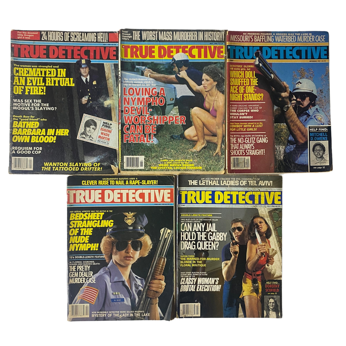 Lot of 5 1970s True Detective Magazines showcasing iconic true crime stories, including sensational headlines such as 'Cremated in an Evil Ritual of Fire!' and 'Loving a Nympho Devil Worshipper Can Be Fatal!'