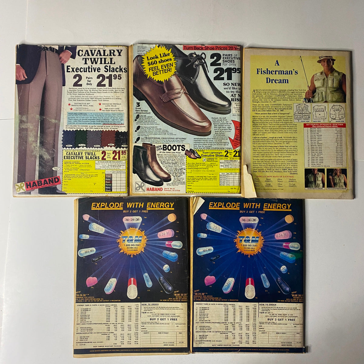 Back covers of vintage magazines featuring advertisements for men's fashion items, highlighting executive slacks and shoes, part of a unique collection related to the 1970s.