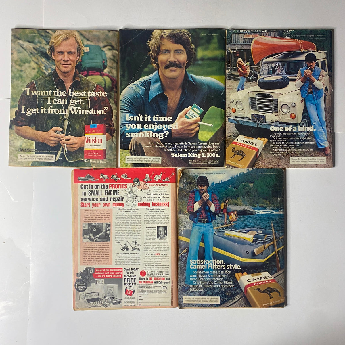 Lot of 5 1980s Official Detective Magazine True Crime Collection showcasing vintage magazine advertisements, including Winston and Camel cigarette promotions.