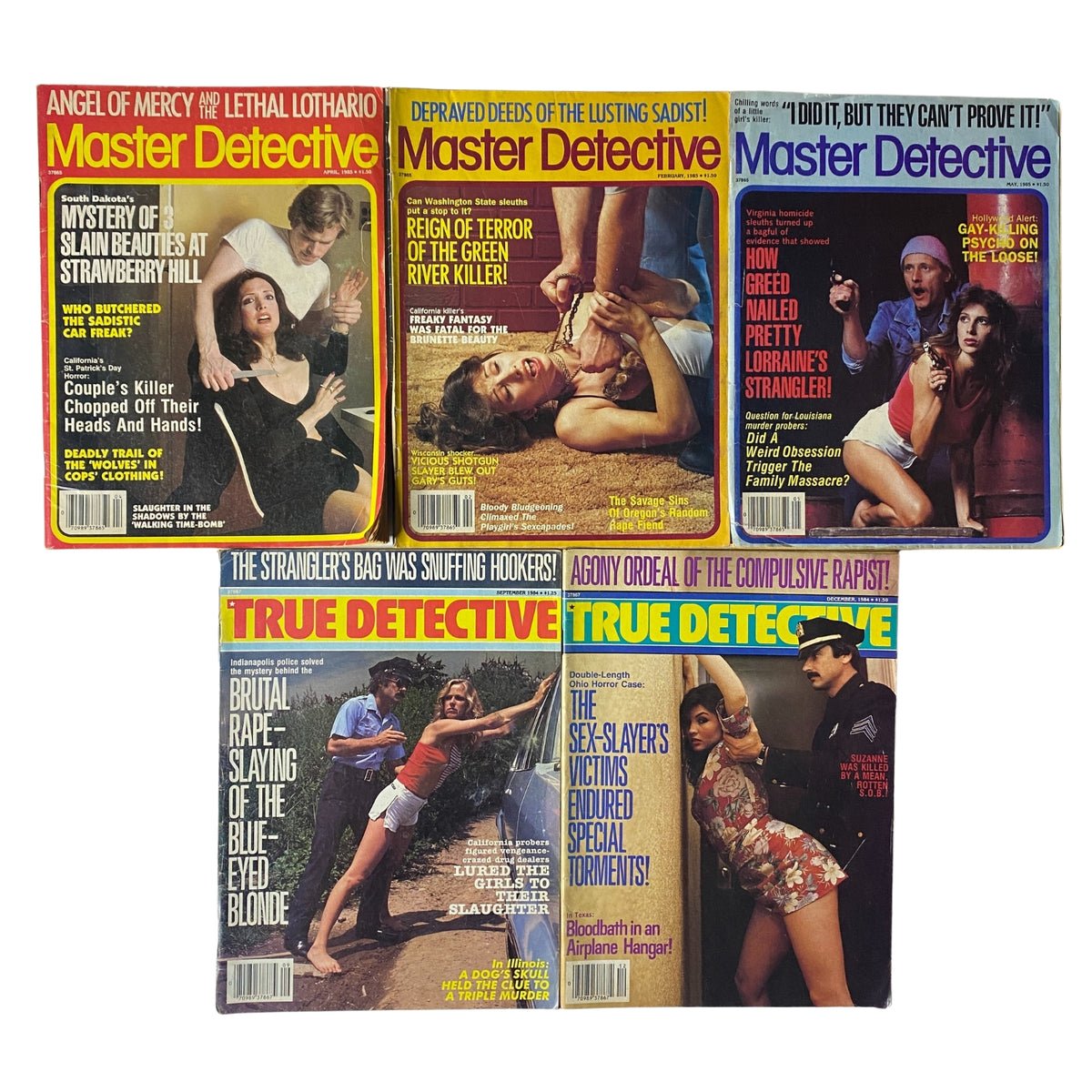 Lot of 5 1980s Master Detective and True Detective Crime Magazine featuring cover images with captivating titles and illustrations related to true crime stories, including topics like the Green River Killer and the Blue-Eyed Blonde case, showcasing vintage aesthetic.