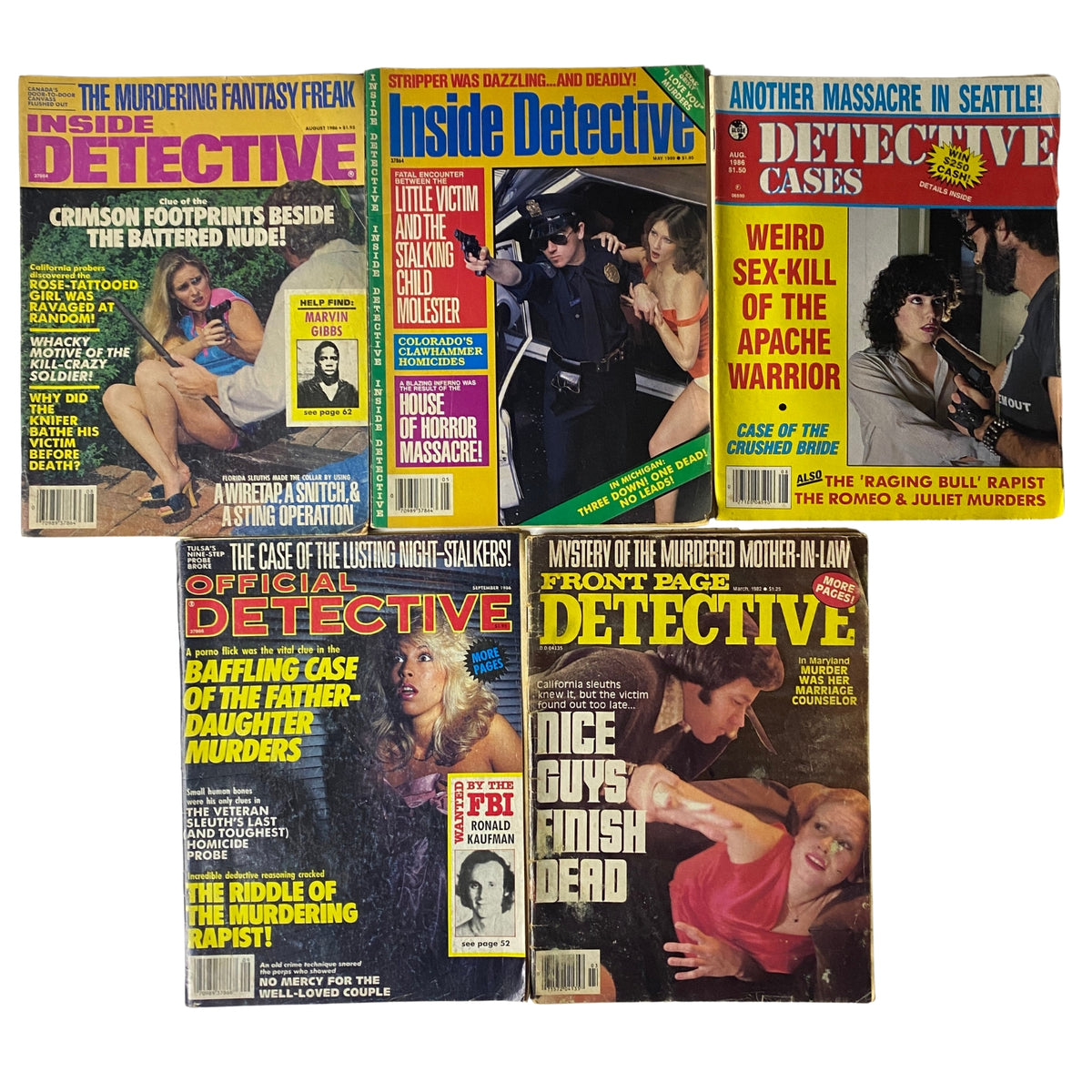 Lot of 5 1980s Inside Detective magazines featuring sensational true crime stories, including headlines like 'Crimson Footprints Beside the Battered Nude!' and 'Little Victim and the Stalking Child Molester.' Perfect for vintage magazine collectors.