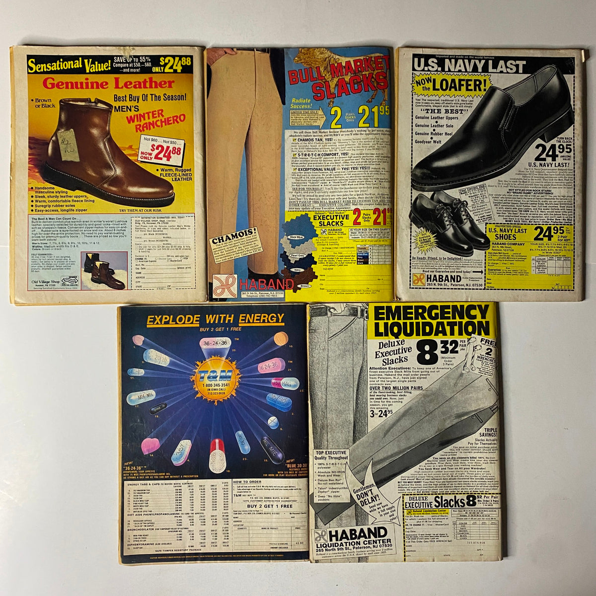 Collection of vintage advertisements from the 1980s, featuring items like genuine leather boots and slacks during the era of True Detective Magazine True Crime Collection.
