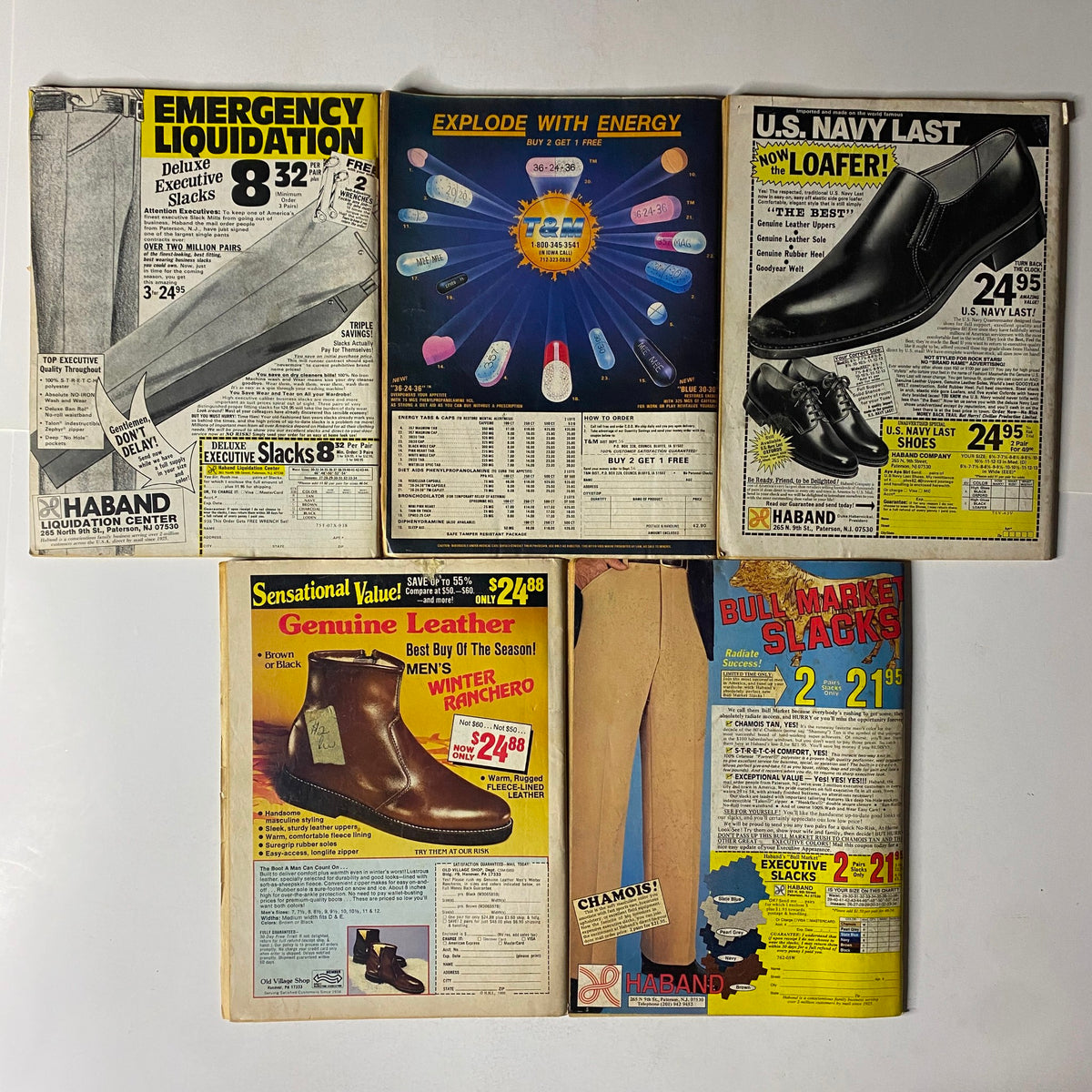 Inside pages of a vintage advertisement catalog for clothing and shoes, featuring items like 'Deluxe Executive Slacks' and 'Genuine Leather Men's Winter Ranchero Boots'.