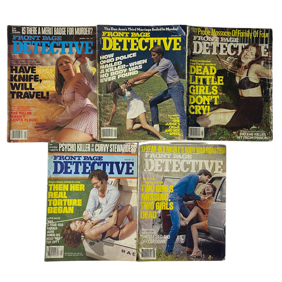 Lot of 5 1970s Front Page Detective Magazine covers featuring true crime stories including 'Have Knife, Will Travel!', 'How Ohio Police Nailed a Killer', and 'Then Her Real Torture Began'. Each magazine showcases gripping narratives and vintage design indicative of 1970s true crime publications.