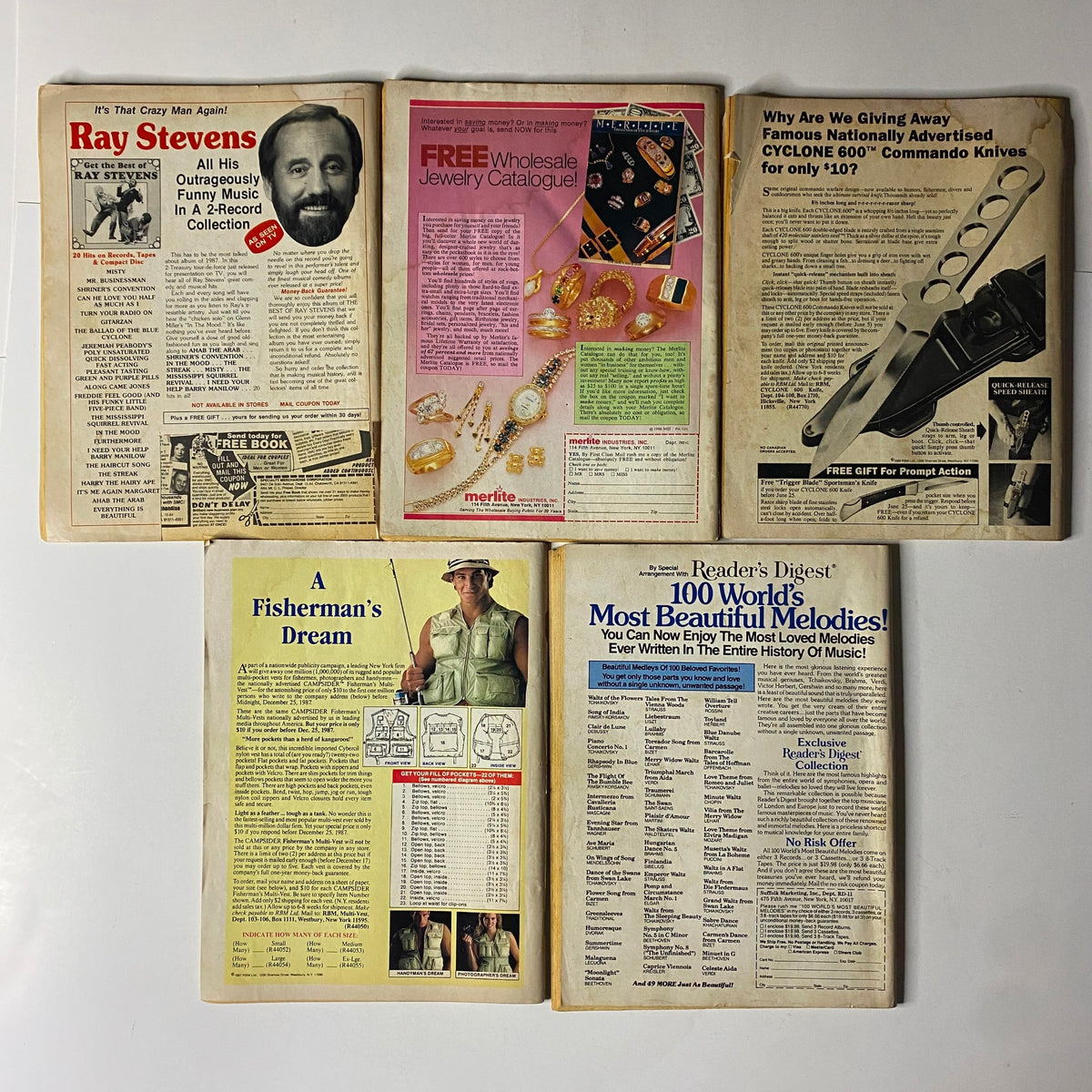 Lot of 5 1980s Front Page Detective, True Detective, Detective Files Magazine featuring the insides of vintage issues, displaying advertisements and articles from the era. Highlighting nostalgic content and the appeal of collectible magazines.