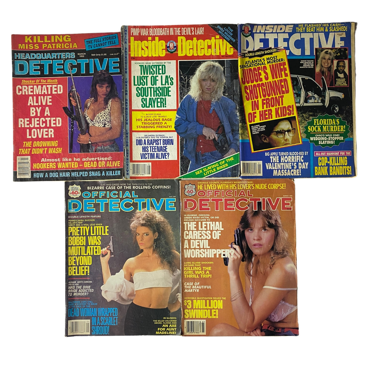 Lot of 5 1990s Headquarters Detective and Inside Detective magazines featuring true crime stories and dramatic cover art. Includes March 1993 Headquarters Detective and several vintage Inside Detective issues, showcasing chilling narratives from the era.