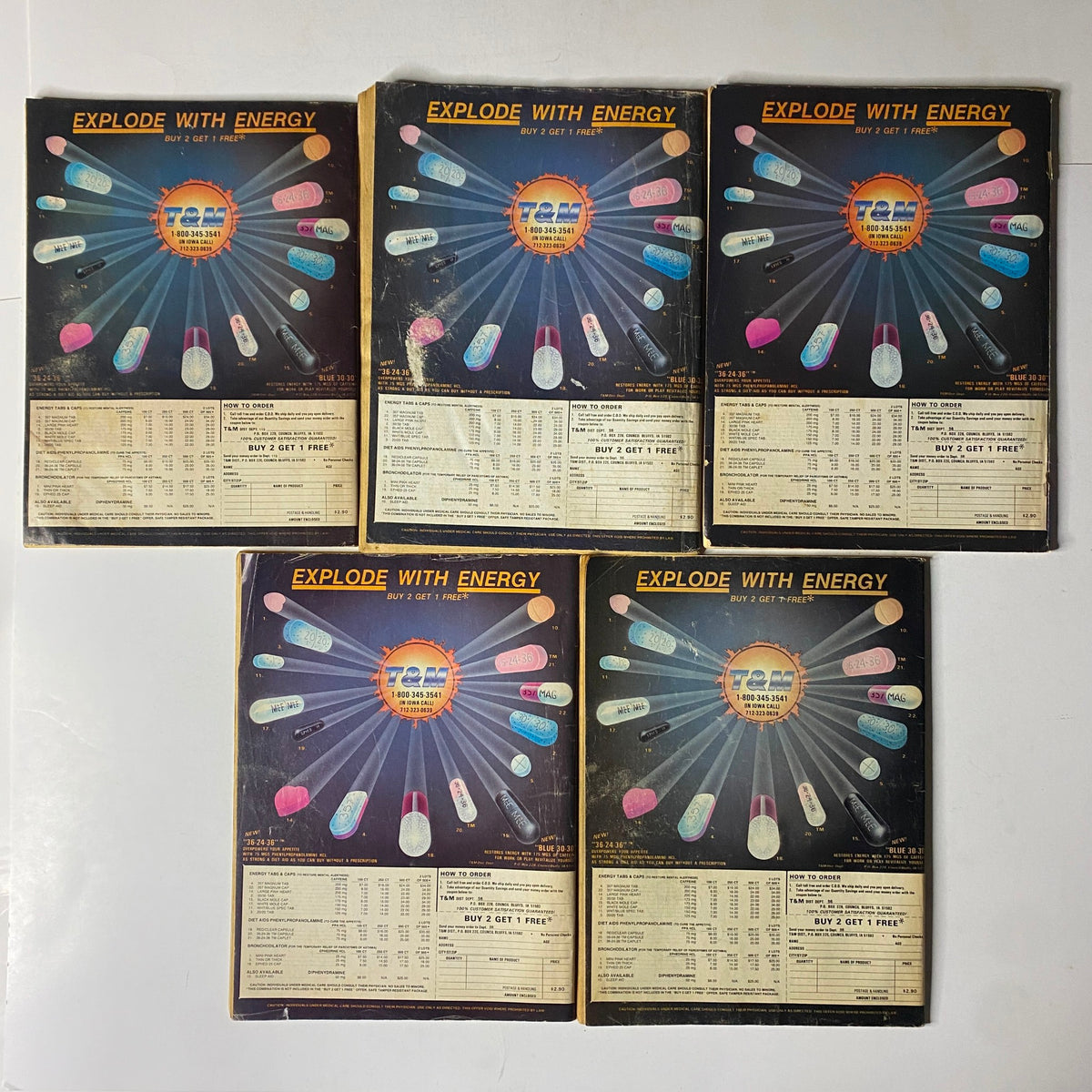 Back covers of the Lot of 5 1990s Headquarters Detective and Inside Detective magazines, displaying colorful advertisements featuring energy supplements with a bold design and pricing information.