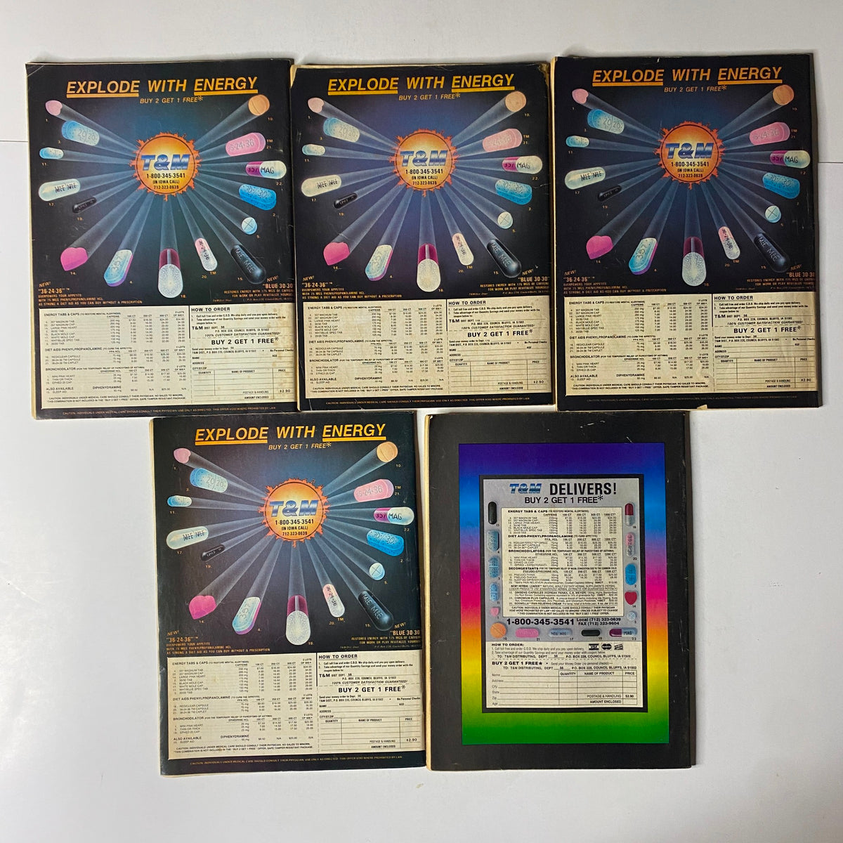 Back covers of a lot of 5 1990s Official Detective, True Detective & Master Detective Magazines featuring a colorful advertisement for energy pills, emphasizing promotional offers and product details.