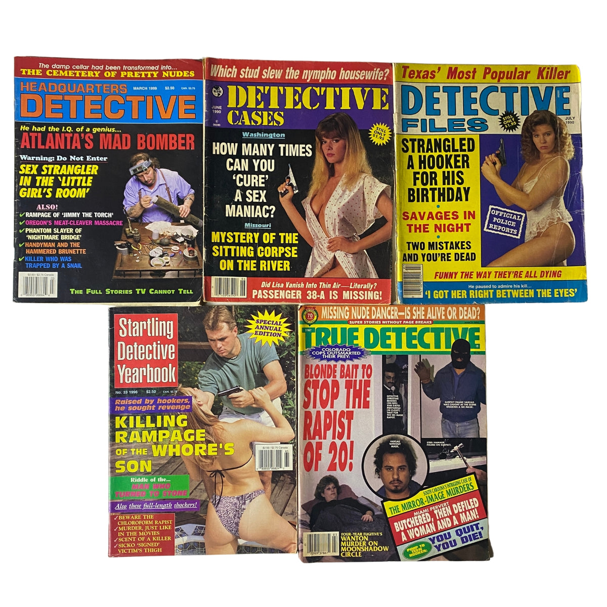 Collection of five vintage true crime magazines from the lot titled 'Lot of 5 1990s Headquarters Detective, True Detective Magazine and Yearbook'. Includes covers of 'Headquarters Detective', 'Detective Cases', 'Detective Files', 'Startling Detective Yearbook', and 'True Detective Magazine' featuring sensational crime stories and captivating headlines.